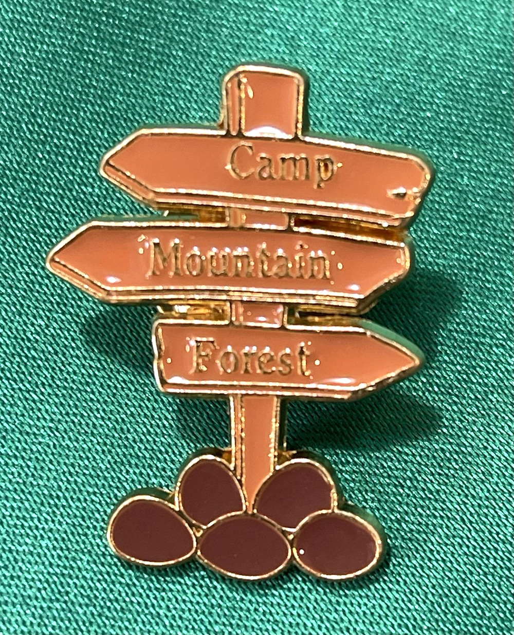 NWOT Travel Signpost Brooch Lapel Pin Enamel Camp Mountain Outdoors Hiking